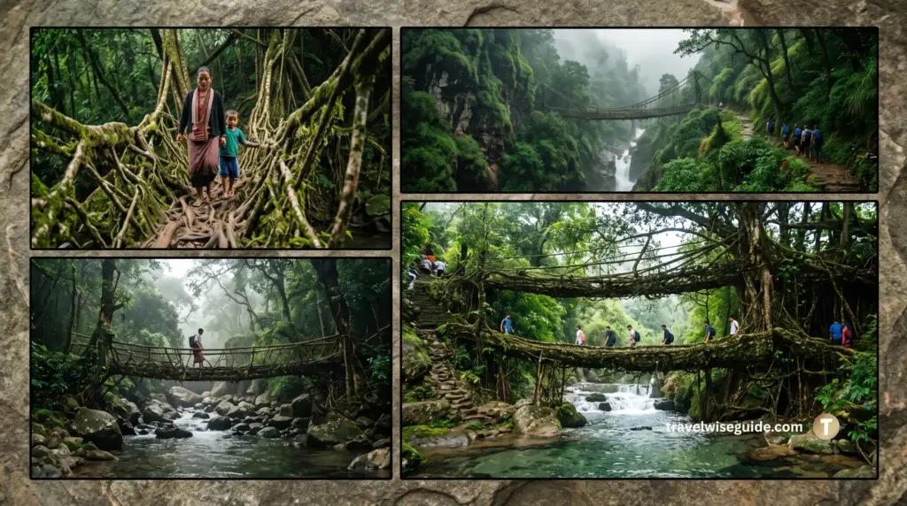 Meghalaya Root Bridges: Nature’s Living Architecture Meghalaya living root bridges collage showcasing natural pathways for eco-travellers.