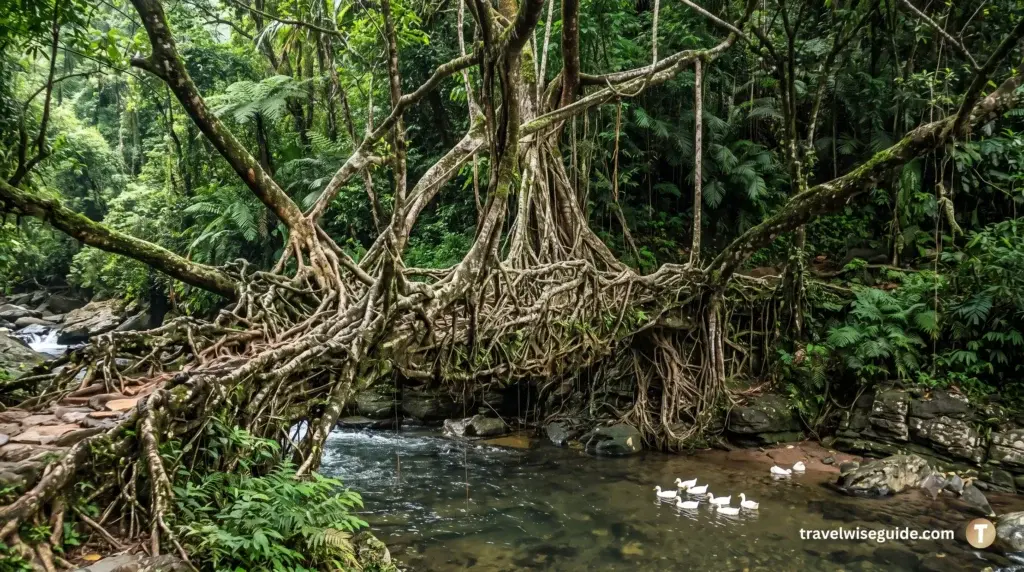 Padu Root Bridge Nature's Living Wonder Padu Root Bridge above rocky stream within dense forest landscape view