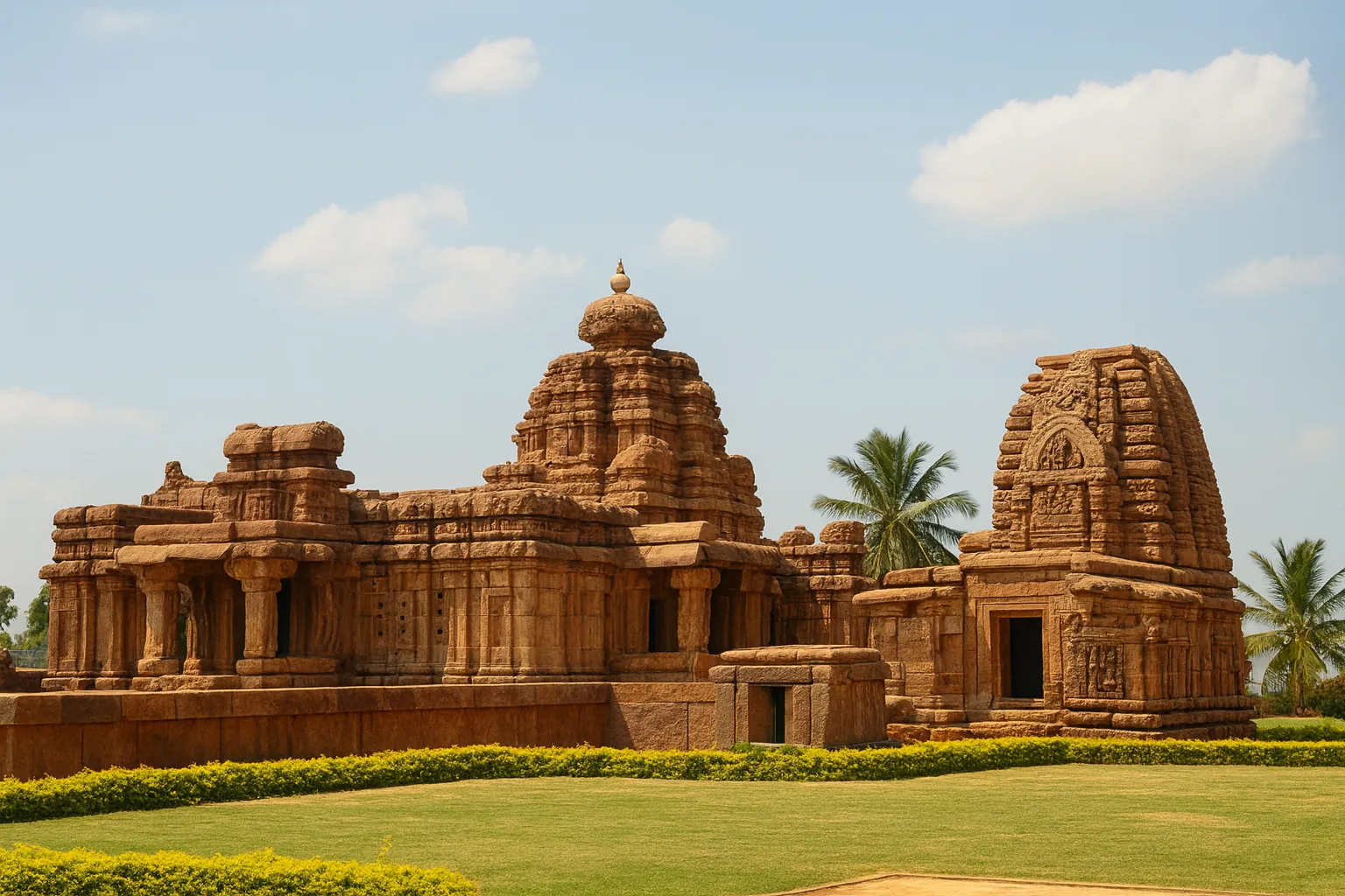 Group of Monuments at Pattadakal Ancient sandstone temple complex under clear blue sky with palm trees nearby