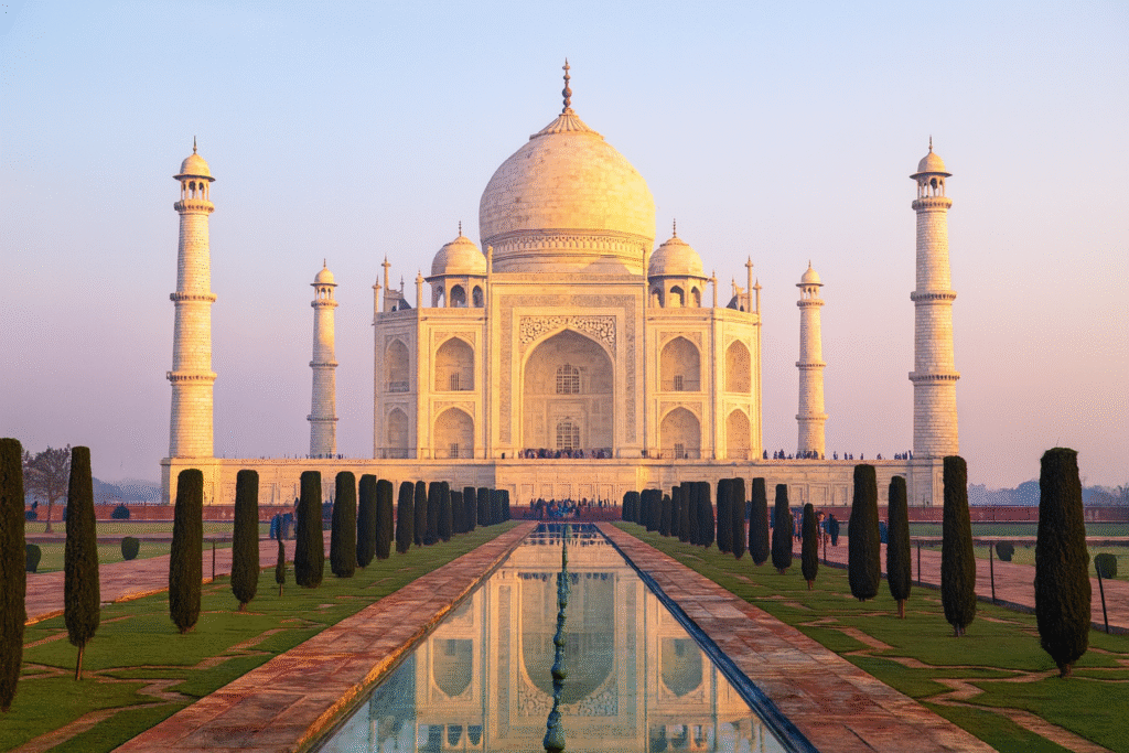Taj Mahal at Sunrise – Reflection in Yamuna Garden Pool Taj Mahal Architecture