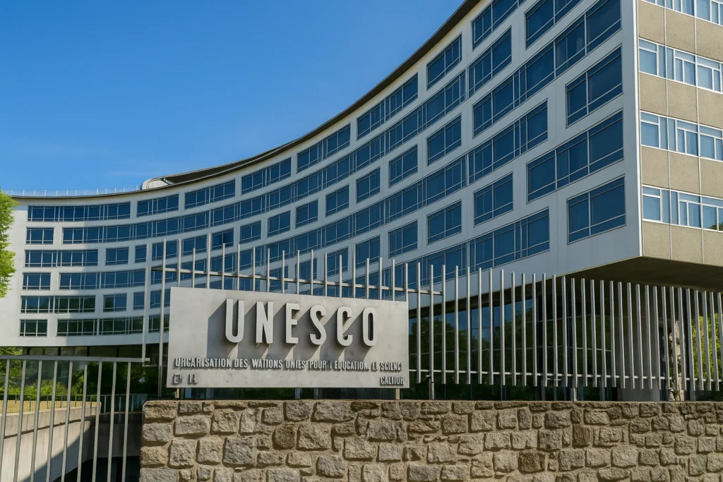 Role of UNESCO in Indian Tourism (2025) Front view of UNESCO headquarters building in Paris with clear blue sky