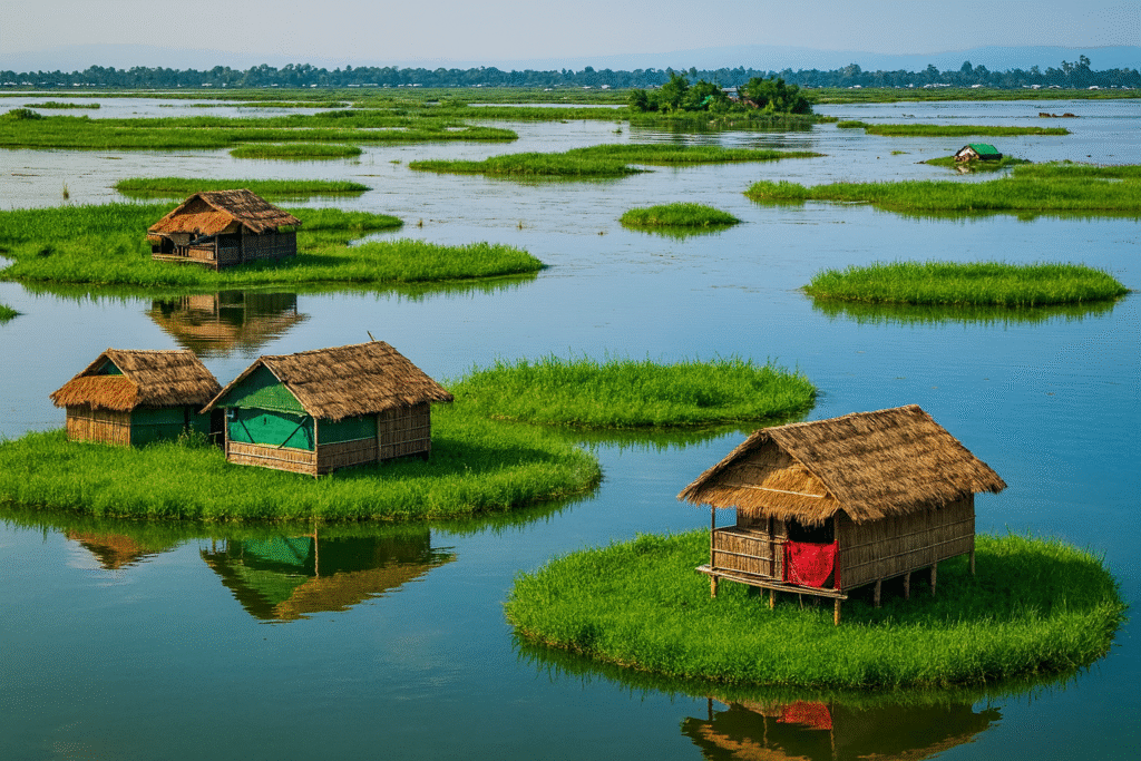 Loktak Lake, Manipur – The Floating World of Phumdis Ultimate Guide 2025 Traditional bamboo huts built on floating phumdis in Loktak Lake, surrounded by lush greenery.