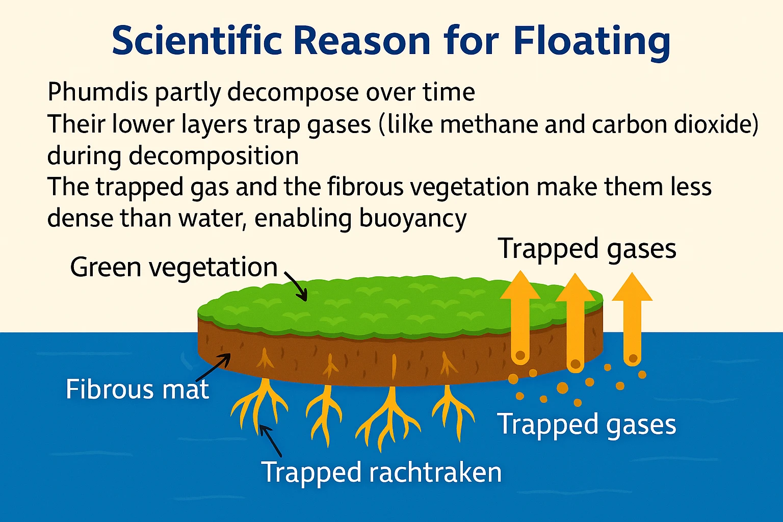 Scientific explanation of Why phumdis float in Loktak Lake. Diagram of phumdi floating on water showing roots, fibrous mat, and trapped gases.