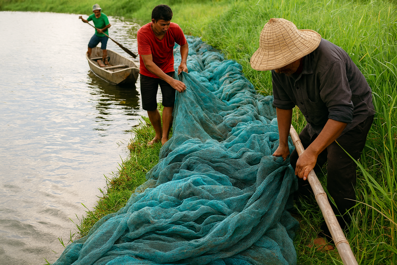Traditional fishermen working with nets on Loktak Lake. Fishermen haul a large blue fishing net along a grassy lakeside in Loktak.