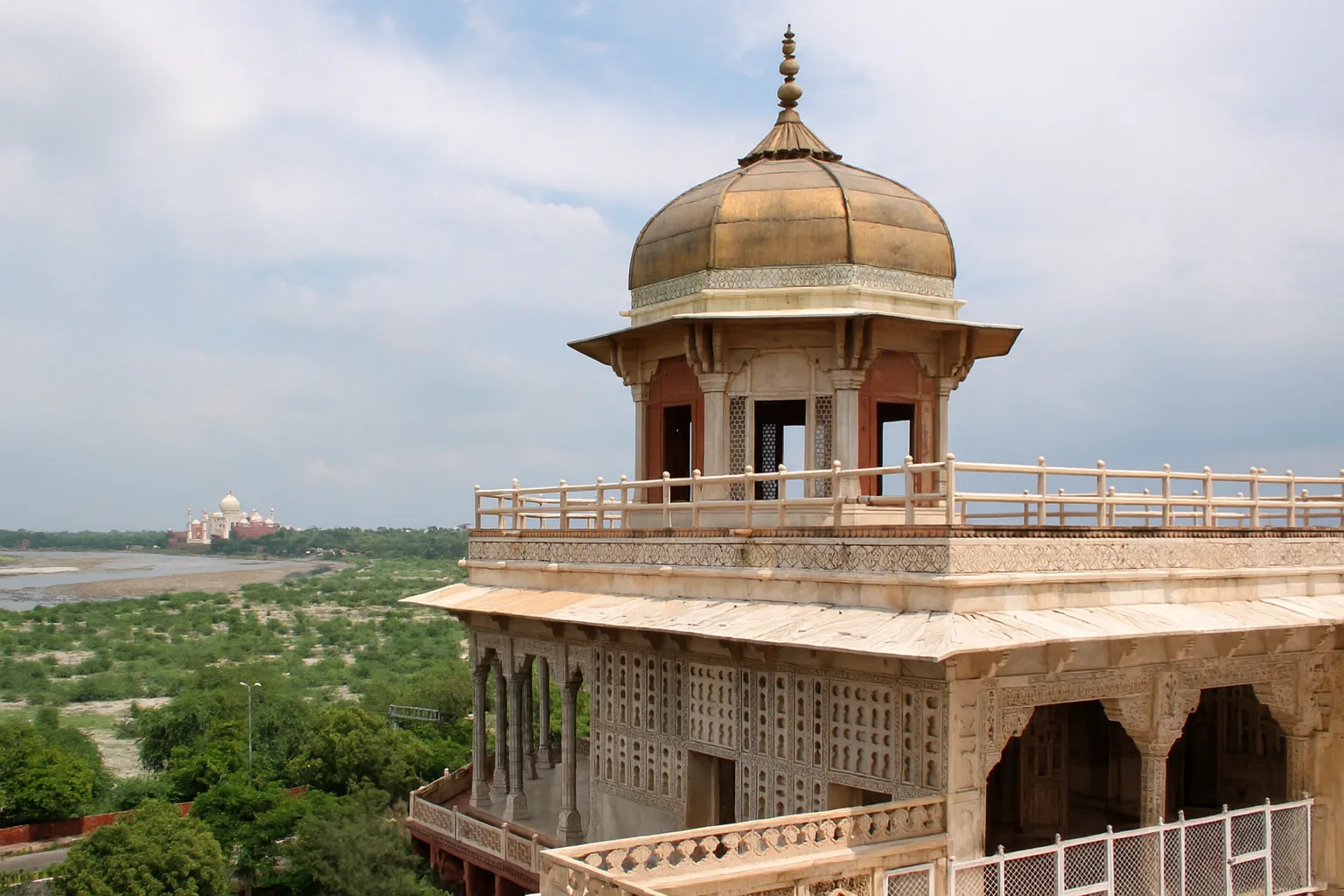 Musamman Burj at Agra Fort overlooking the Taj Mahal Musamman Burj in Agra Fort with a distant view of the Taj Mahal