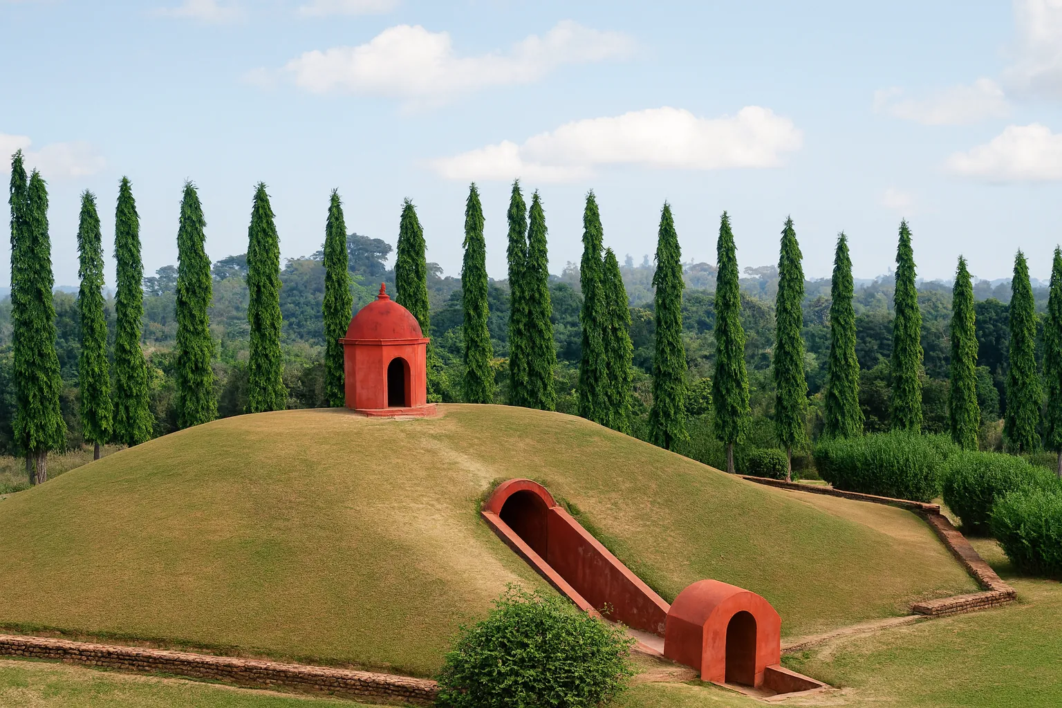 Moidams – the Mound-Burial System of the Ahom Dynasty Ancient burial mound with red dome structure surrounded by tall green trees