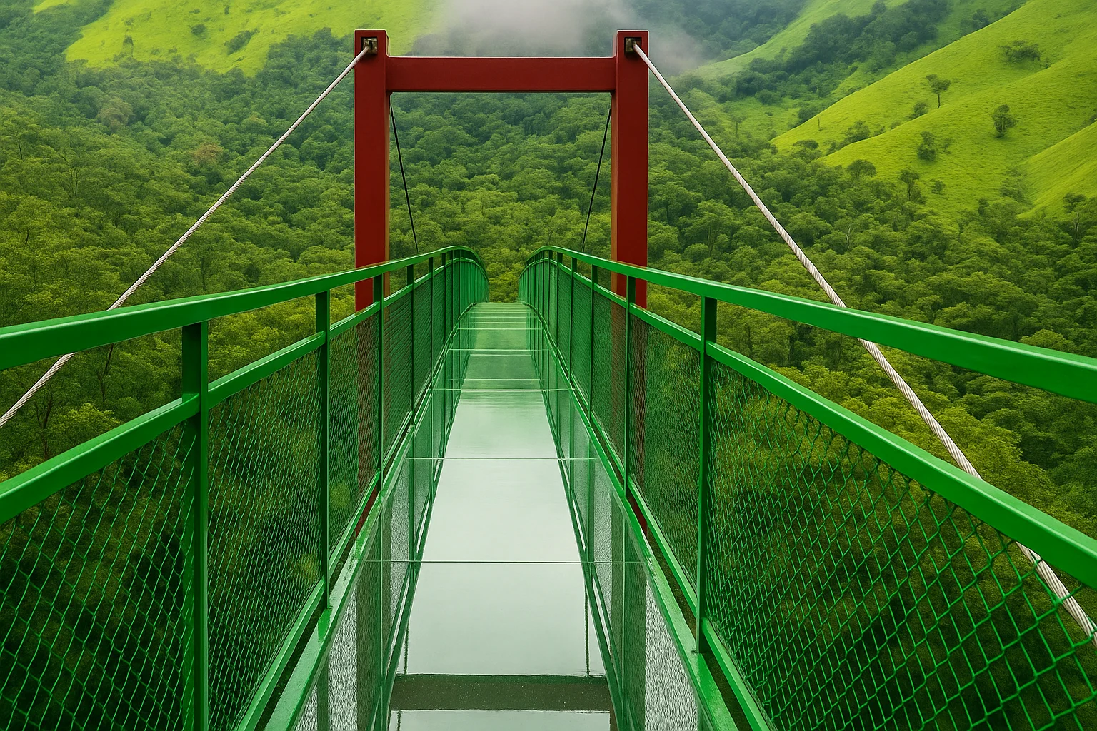 Wayanad Glass Bridge Kerala — Adventure Viewpoint in the Western Ghats Wayanad Glass Bridge surrounded by lush green hills in Kerala’s misty Western Ghats Image title:
