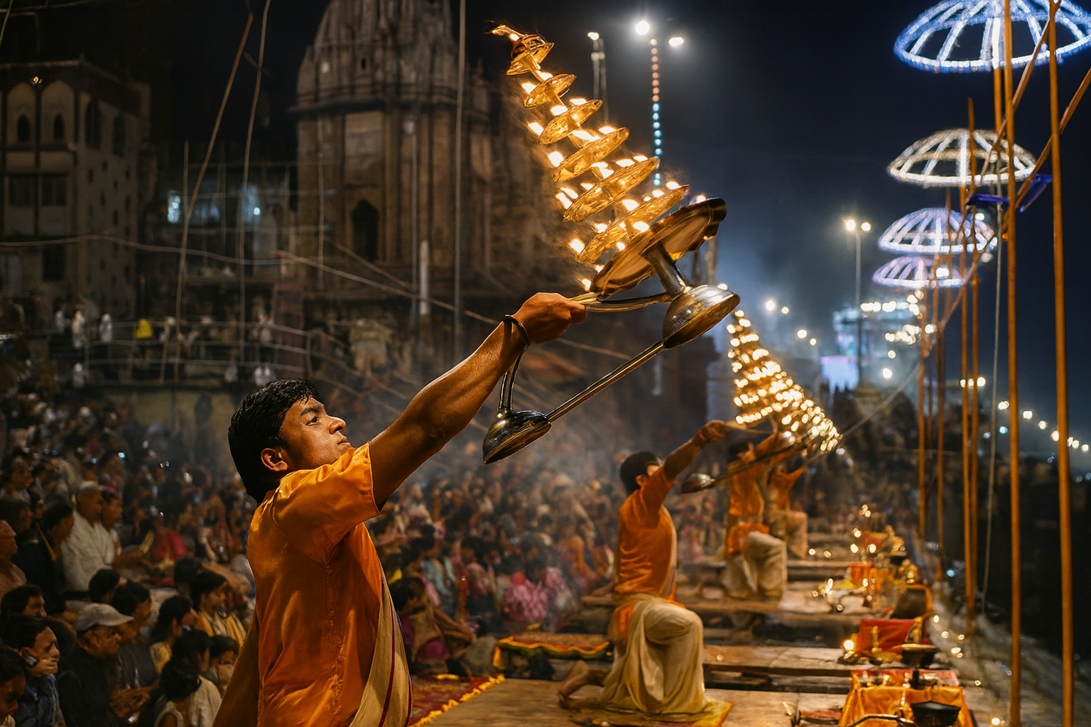 Ganga Aarti Ceremony at Dashashwamedh Ghat, Varanasi Priest performing Ganga Aarti at Dashashwamedh Ghat, Varanasi with lit brass lamps