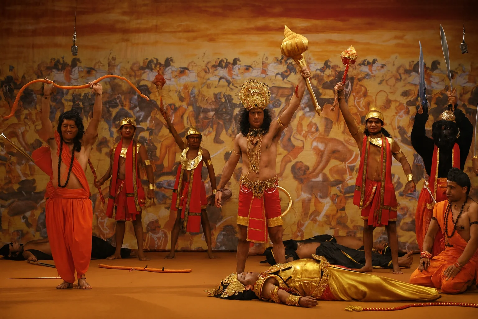 Ramleela Performance at Ramnagar – Victory of Good over Evil Ramleela stage performance depicting Lord Rama, Hanuman and warriors celebrating victory over Ravana