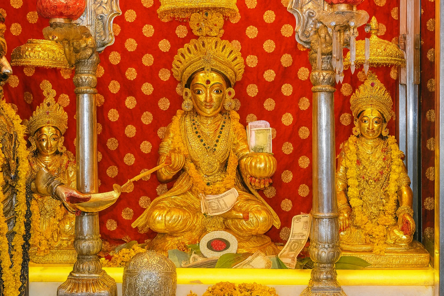 Golden Idols in a Hindu Temple Shrine Golden idols of Hindu deities adorned with garlands inside a decorated temple shrine