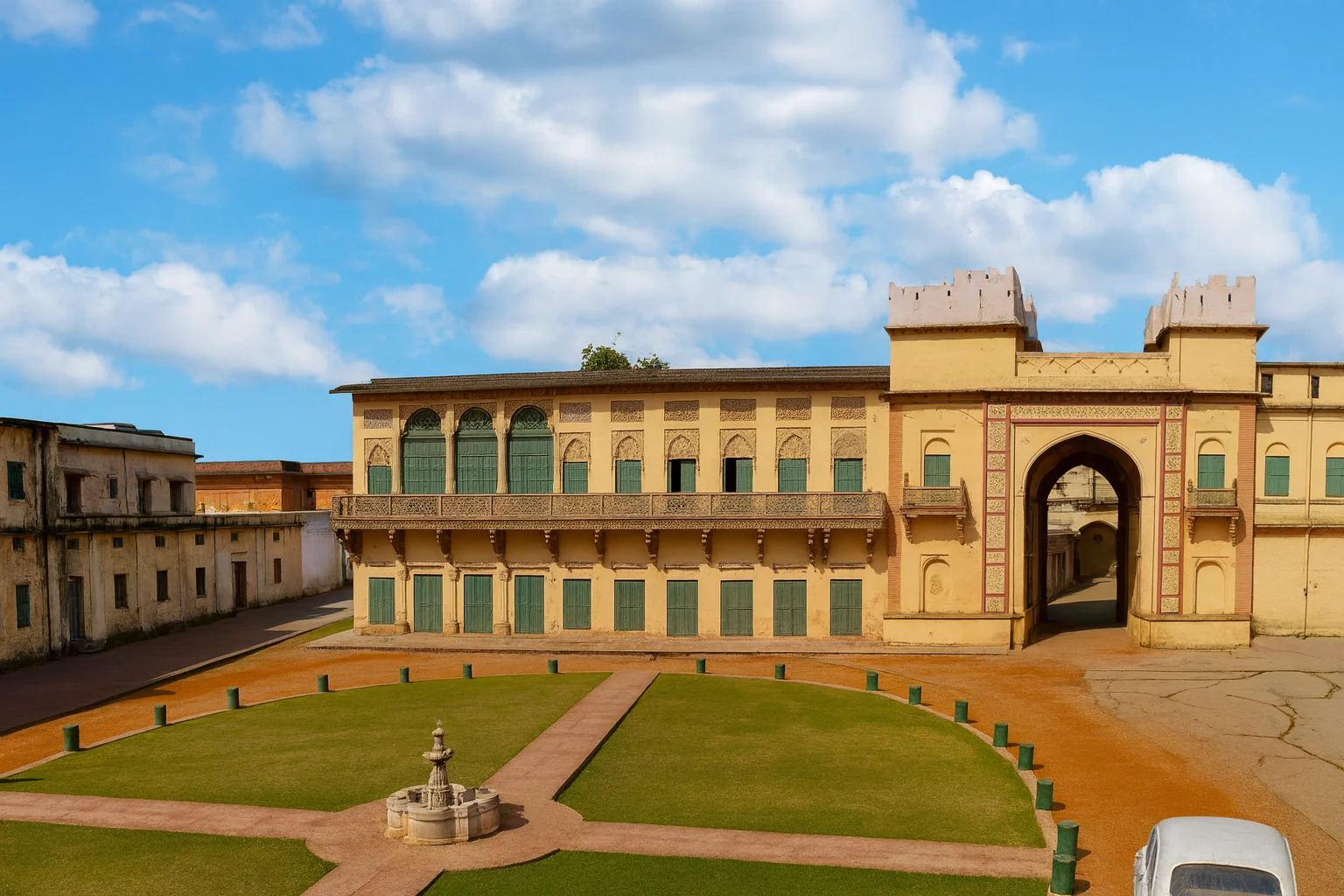 Ramnagar Fort – Historic Landmark of Varanasi A historical view of Ramnagar Fort in Varanasi with courtyard and arched gateway.