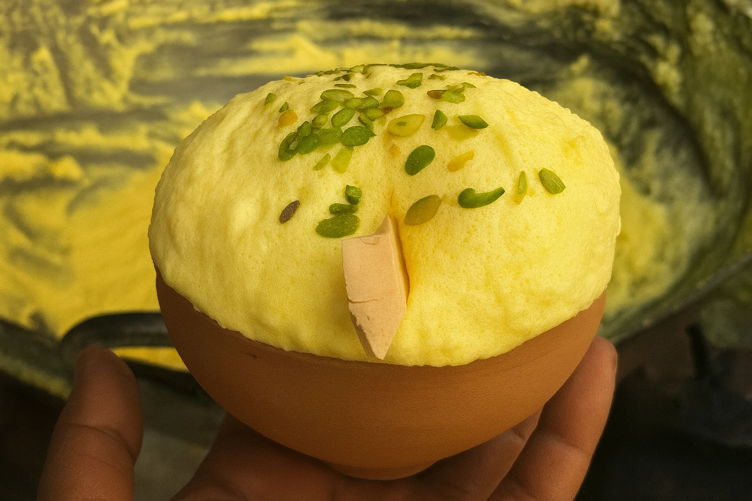 Malaiyo – Traditional Winter Dessert of Varanasi A traditional Indian sweet Malaiyo served in a clay cup, garnished with pistachios and almonds