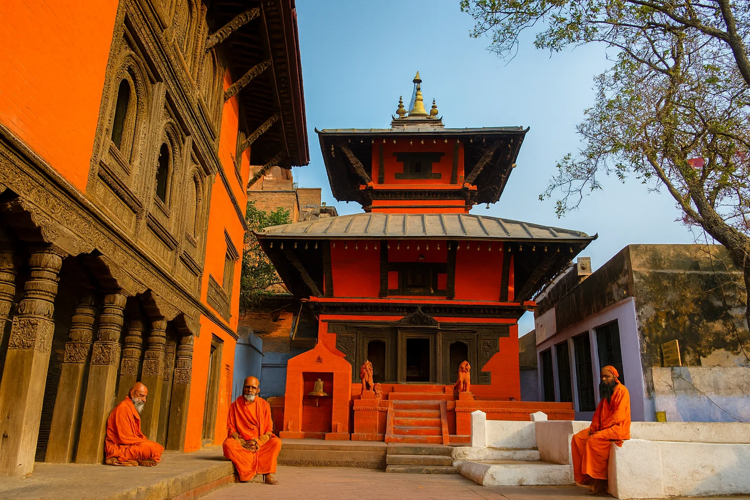 Sadhus at a Red Pagoda-Style Hindu Temple in Nepal Nepali Hindu temple with red pagoda-style architecture and sadhus in saffron robes