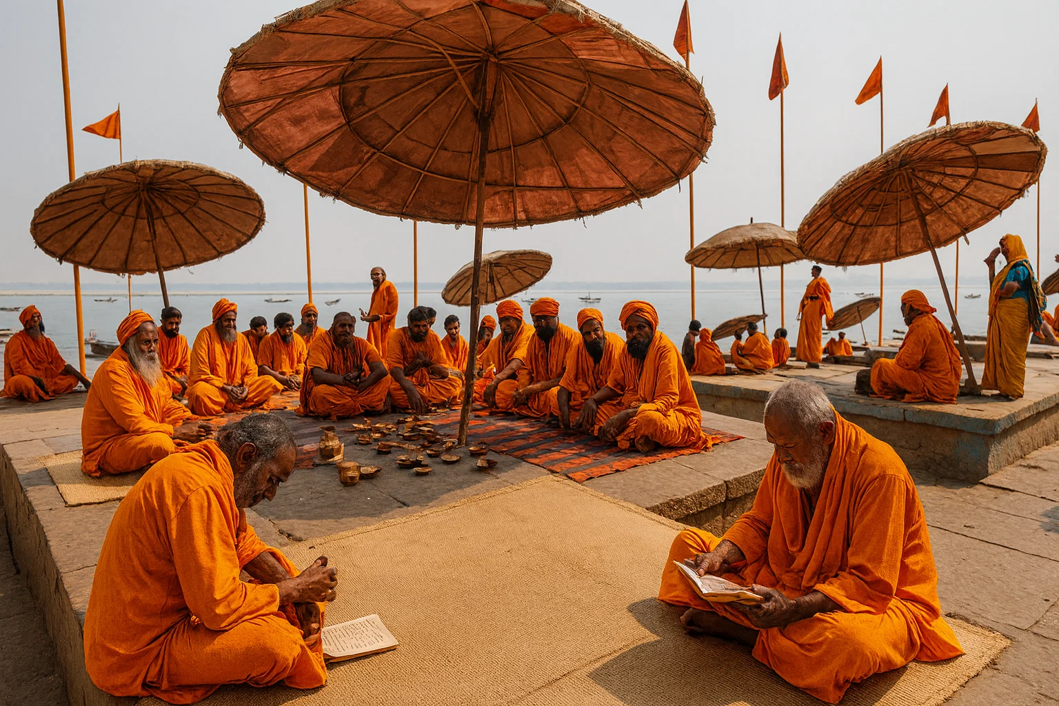 Sadhus in Saffron Robes at Varanasi Ghats Hindu sadhus in saffron robes performing rituals and reading scriptures on the ghats of Varanasi
