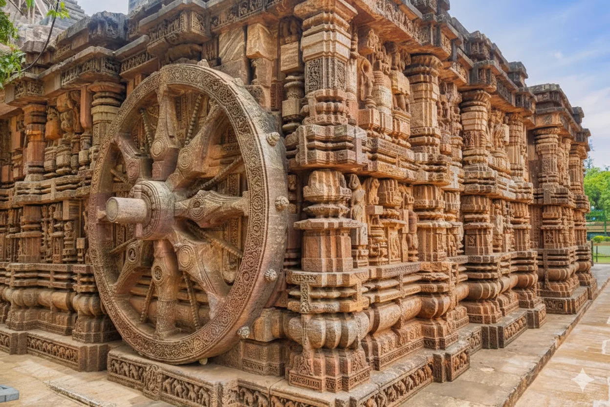 Konark Sun Temple — carved stone wheel and façade Stone chariot wheel and carved panels of the Konark Sun Temple (Konark), Odisha, under a clear blue sky.