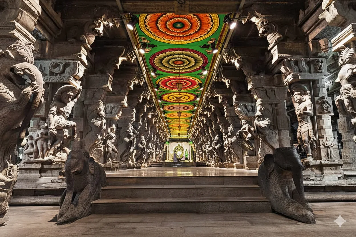 Meenakshi Amman Temple interior, Madurai Meenakshi Amman Temple inner hall, Madurai — carved stone pillars and vibrant painted ceiling reflected on the polished floor.