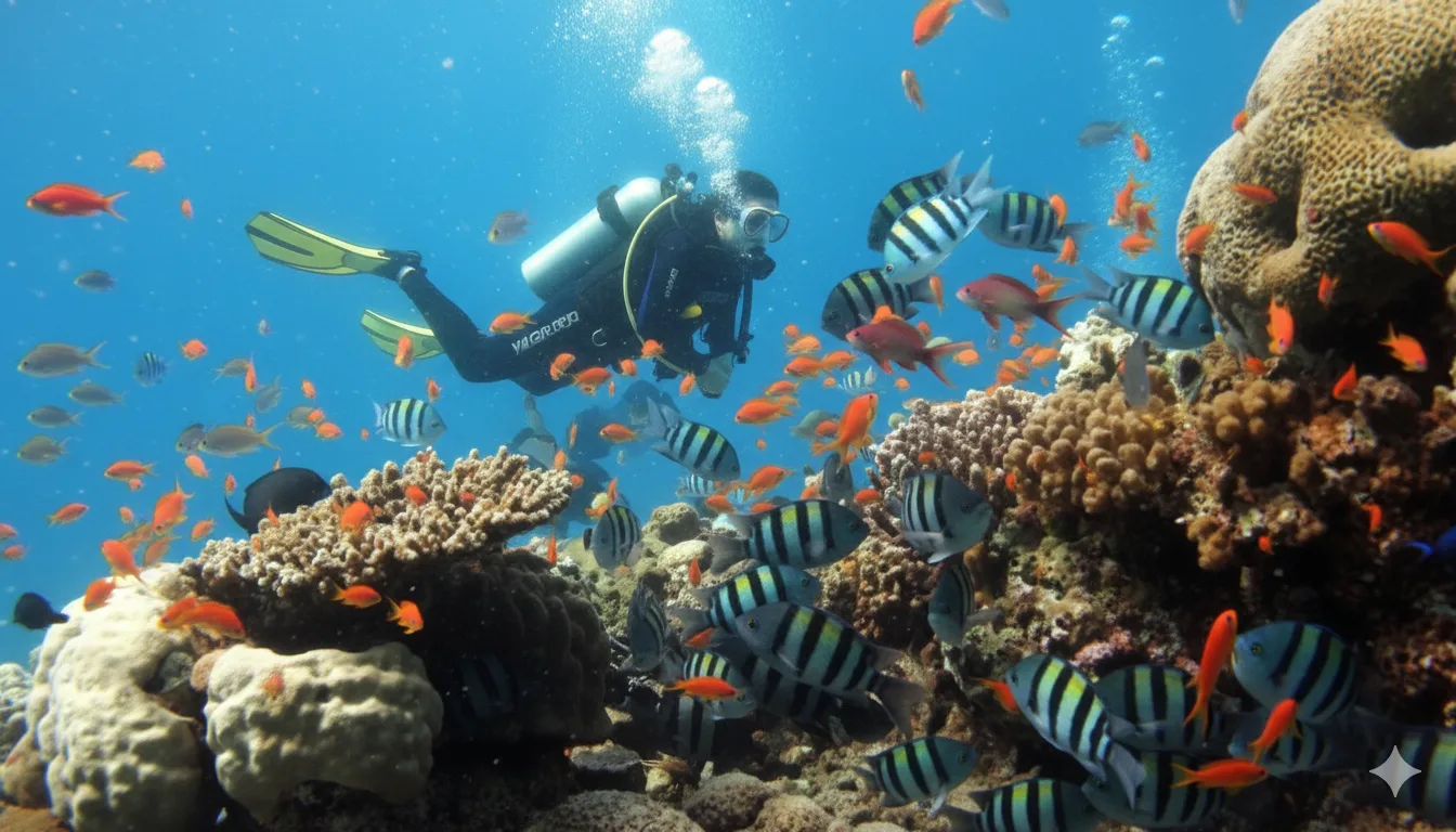 Scuba Diving in Coral Reef — Underwater Adventure with Marine Life Scuba diver exploring colourful coral reef with tropical fish in clear blue ocean