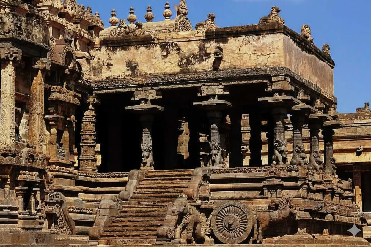 Great Living Chola Temple – Dravidian Stone Architecture, Tamil Nadu Intricate stone mandapa at a Great Living Chola Temple, Tamil Nadu, showing Dravidian pillars, a sculpted chariot wheel, elephants and mythic guardians under a clear sky.