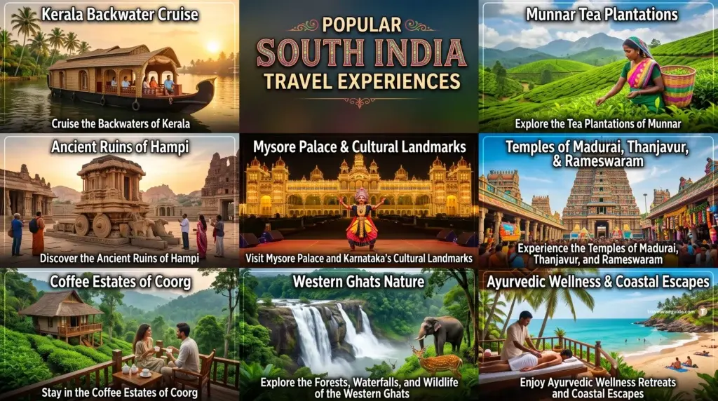 Discover Breathtaking South India Travel Experiences South indian tourist places collage showing regional landscapes and monuments.