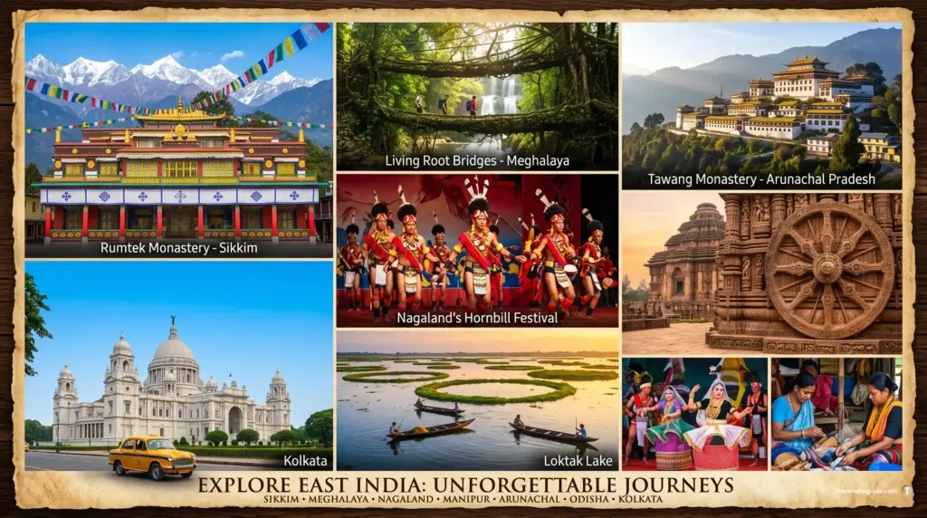 Explore East India Unforgettable Regional Travel Experience East Indian tourist places collage showing diverse cultural and natural landmarks featured here