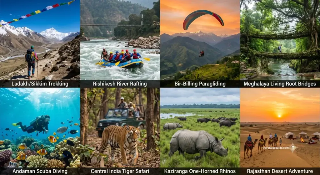 Unforgettable Indian Nature And Adventure Experiences Nature adventure collage featuring varied outdoor activities in scenic Indian locations