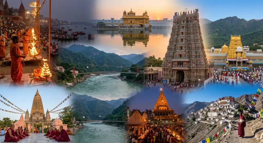 Sacred India: Experience Divine Culture And Heritage Spiritual tourism montage showing temples, river rituals, and mountain landscapes.