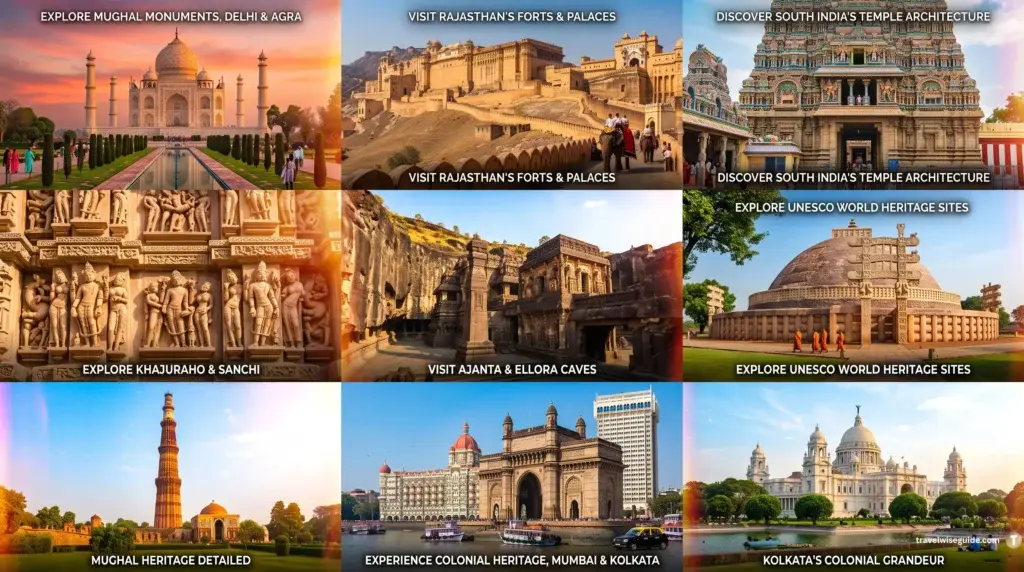 Discover India's Most Captivating Heritage Tourism Destinations Heritage tourism photo collage showing prominent Indian monuments featured below.