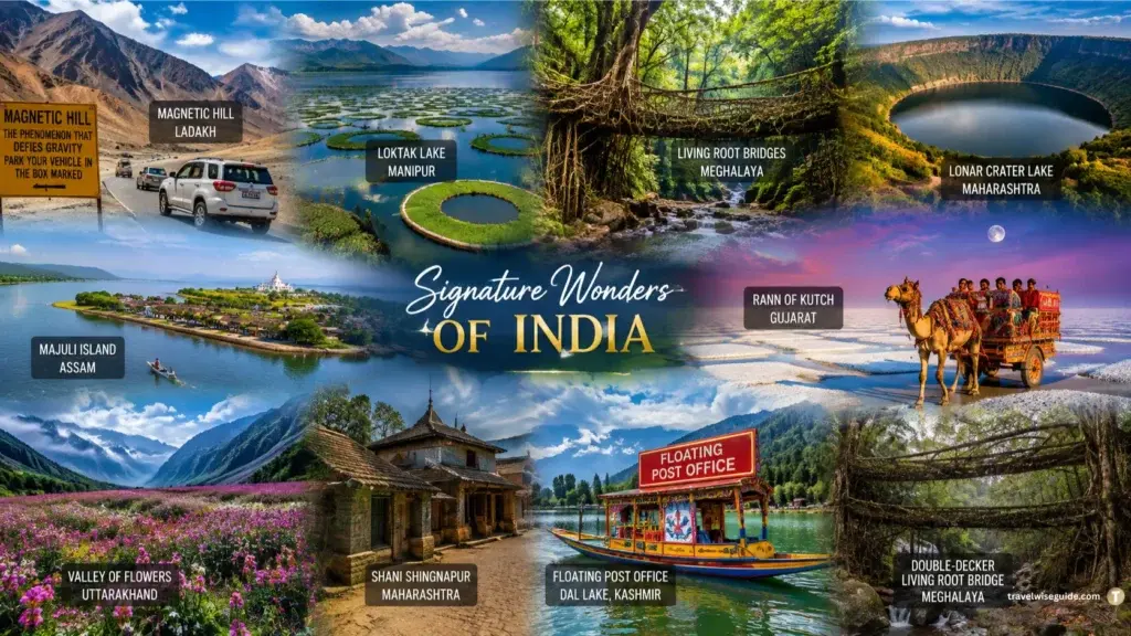 India’s Most Remarkable Wonders Await Signature Wonders of India collage showcases landmarks, lakes, bridges, landscapes