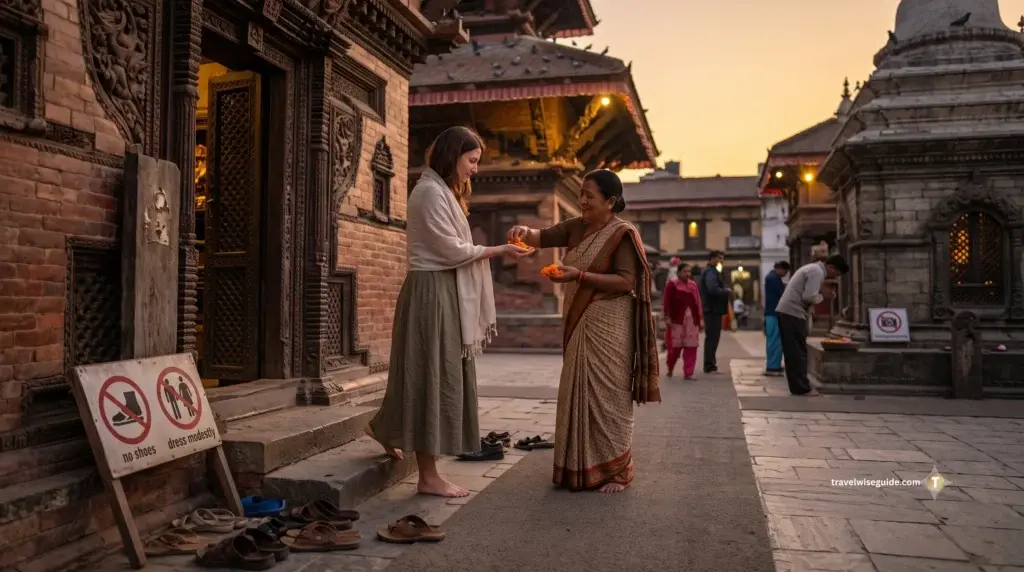 Essential Local Etiquette For Respectful Cultural Encounters Local etiquette guide showing barefoot women near modest dress signage
