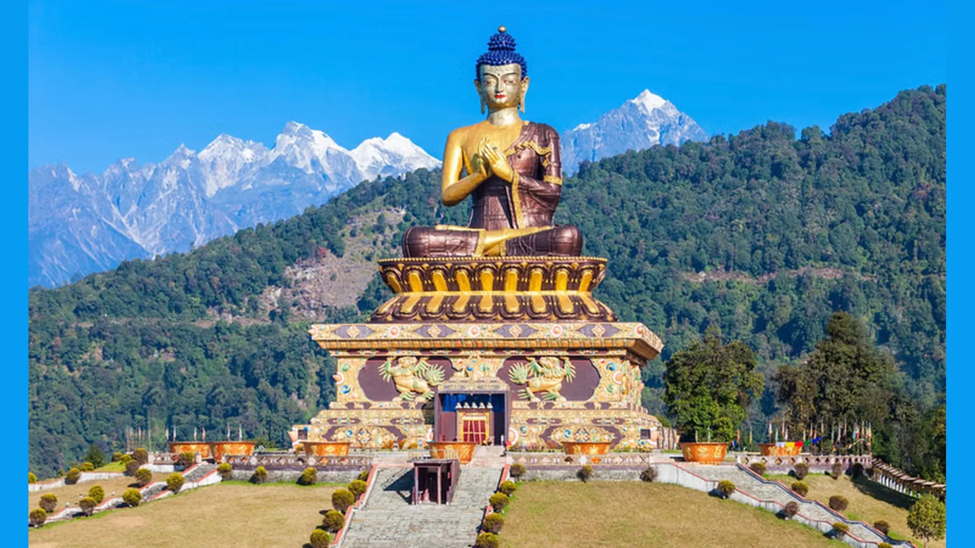 Buddha Park, Sikkim — seated Buddha with Himalayan backdrop Buddha Park (Ralong Park), Sikkim — large seated Buddha statue on decorated plinth with the Himalayan peaks behind.