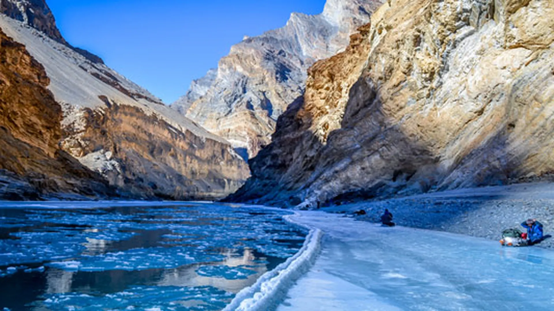 Frozen Zanskar River Trek, Ladakh — Chadar Trek Adventure on the Himalayas Frozen Zanskar River Trek in Ladakh with icy trail between towering Himalayan mountains