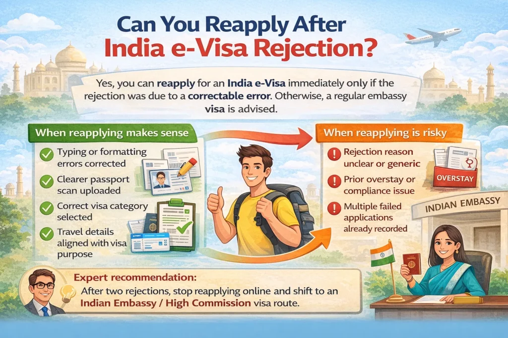 India E-Visa Reapplication Explained Clearly India e-Visa rejection showing reapplication options and risks for rejected applicants