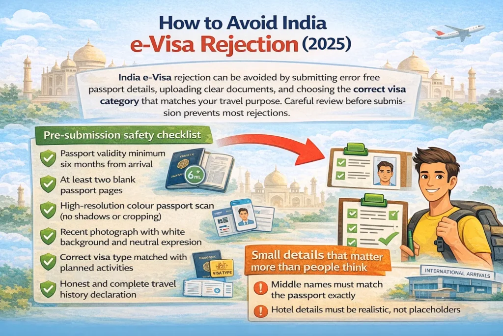 India E-Visa Rejection Prevention Checklist India e-Visa rejection prevention checklist showing key steps before submitting application