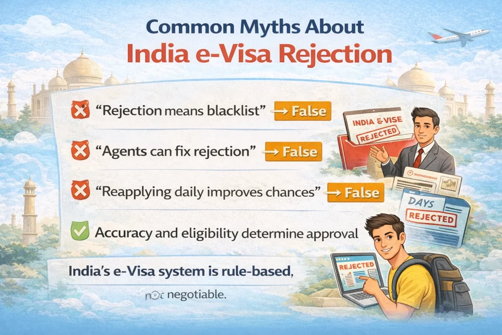 India E-Visa Rejection Myths Explained India e-Visa rejection myths explained with false claims and factual clarification