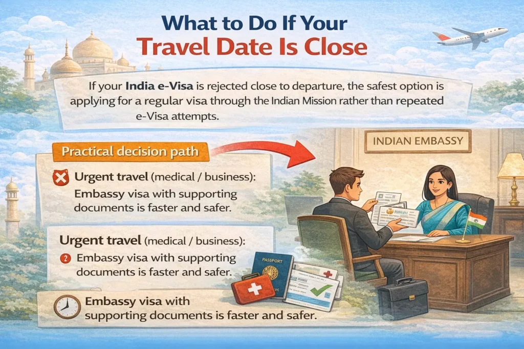 India E-Visa Rejection Urgent Travel Advice India e-Visa rejection guidance showing urgent travel embassy visa decision steps