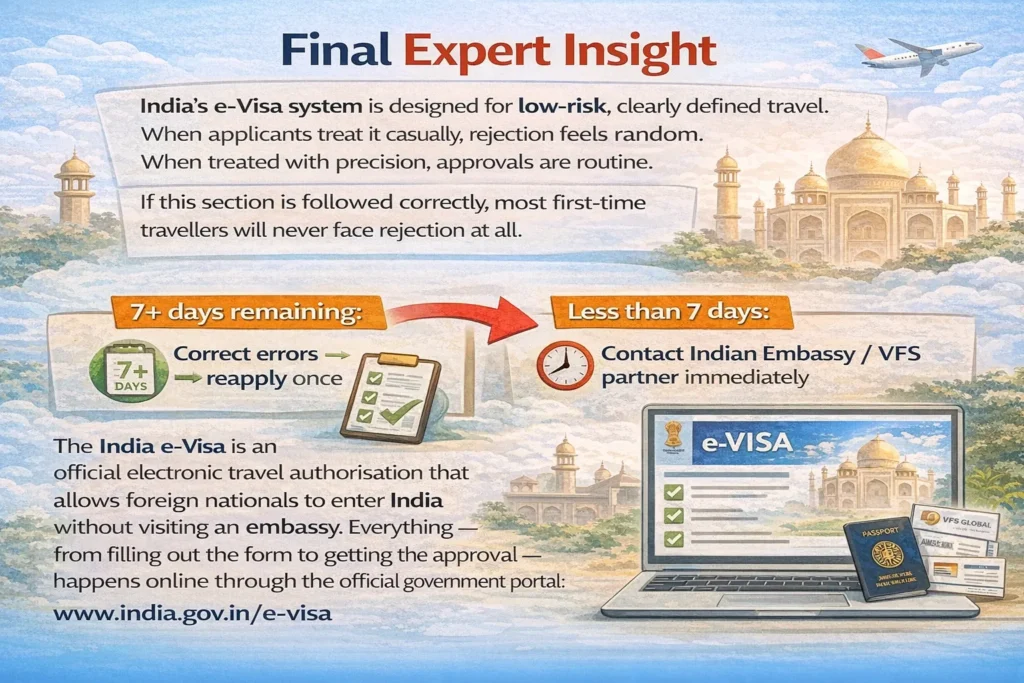India E-Visa Final Expert Insight India e-Visa system guidance showing expert timeline decisions for rejected applications