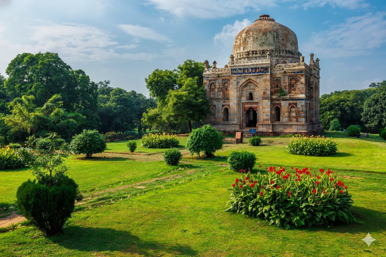 Historic Shisha Gumbad in Lodi Garden, Delhi with Vibrant Red Blooms Lodi Garden Delhi Tomb | Shisha Gumbad Mughal Architecture | Lush Green Park with Red Flowers | Historic Delhi Landmark