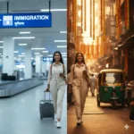 India Airport Survival Guide: Navigating Delhi (DEL) & Mumbai (BOM) Customs & Immigration Split image showing a successful India Airport Survival Guide navigation: Tourist passing immigration checkpoints at Delhi DEL (left) after pre landing preparation (immediate actionable tips), ready for the street (right).