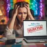 India e-Visa Rejection? Make It Stress-Free – 2025 complete Guide India e-Visa rejection, stress-free 2025 guide, foreign woman shocked by rejected visa status on laptop.