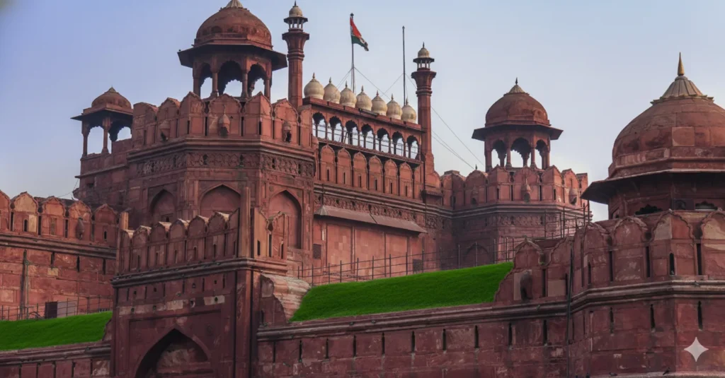 Red Fort Delhi: A Majestic Mughal Icon Red Fort Delhi dark red sandstone vibrant green grass historical landmark.