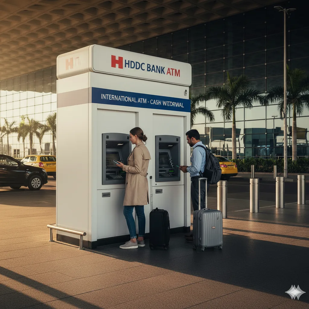 HDFC Bank International ATM at Airport for Foreign Traveler Cash Withdrawal HDFC Bank International ATM kiosk outside a major Indian airport. Two foreign travelers are withdrawing cash, with their luggage and airport taxis visible in the background under the golden hour light.