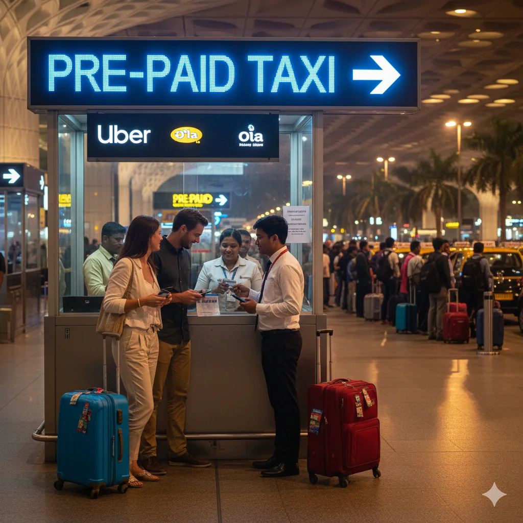 Official Airport Pre-Paid Taxi & App Cab Booking for Safe Travel A brightly lit Pre-Paid Taxi booth outside an Indian airport at night. Two foreign travelers are booking a ride, with an attendant assisting them. Logos for Uber and Ola are visible, emphasizing safe, official taxi booking.