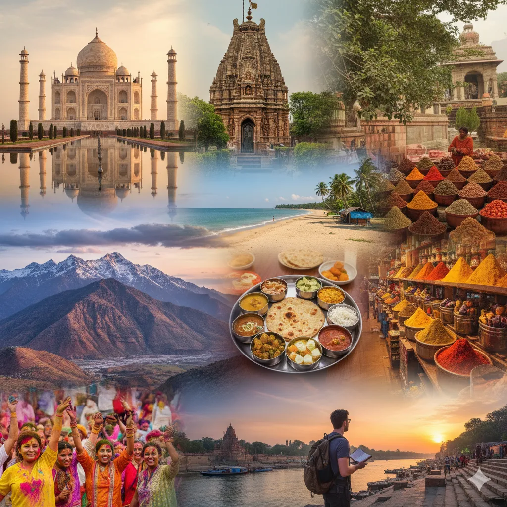 Ultimate India Travel Experience Collage Vibrant collage of India tourism showing the Taj Mahal, Himalayan mountains, a beach, traditional Thali food, spice market, and traveler at sunset.