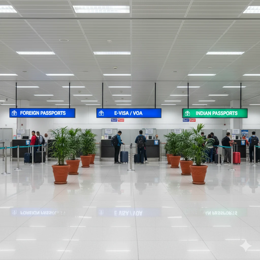 Indian Airport Immigration Lanes: Foreign, E-Visa & Indian Passports Modern Indian airport immigration hall with clearly marked lanes: "FOREIGN PASSPORTS," "E-VISA/VOA," and "INDIAN PASSPORTS." Passengers queue orderly, and decorative potted plants enhance the clean, bright environment.