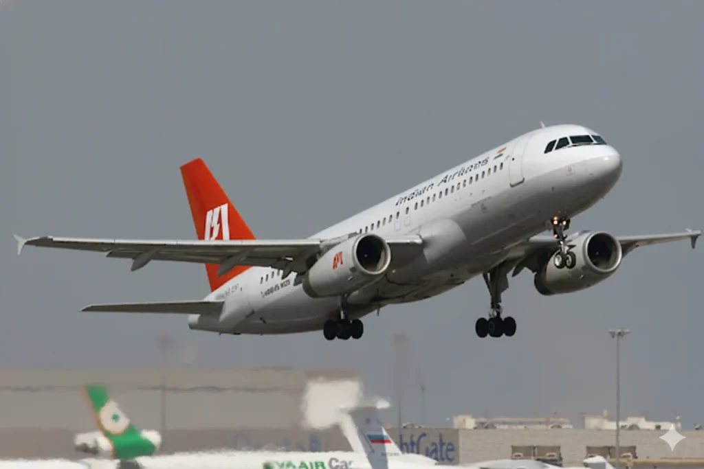 Indian Airlines A320: Soaring High Above the City. Indian Airlines Airbus A320 takeoff against a hazy sky illustrating aviation history in India