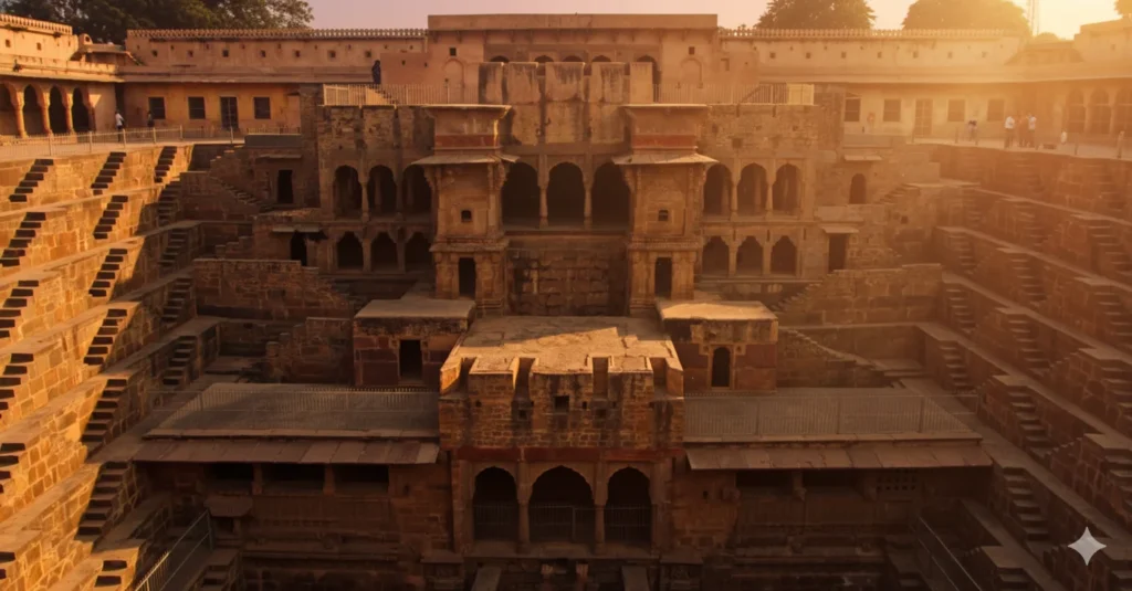 Chand Baori: Rajasthan's Mesmerizing Ancient Stepwell. Chand Baori stepwell Abhaneri intricate steps Rajasthan historical marvel