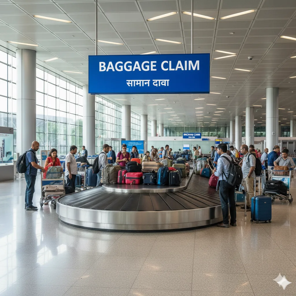 Indian Airport Baggage Claim & Luggage Retrieval Guide Modern Indian airport baggage claim area with a circular conveyor belt carrying colorful luggage. Passengers stand waiting for their bags beneath a clear blue "BAGGAGE CLAIM (सामान दावा)" sign.