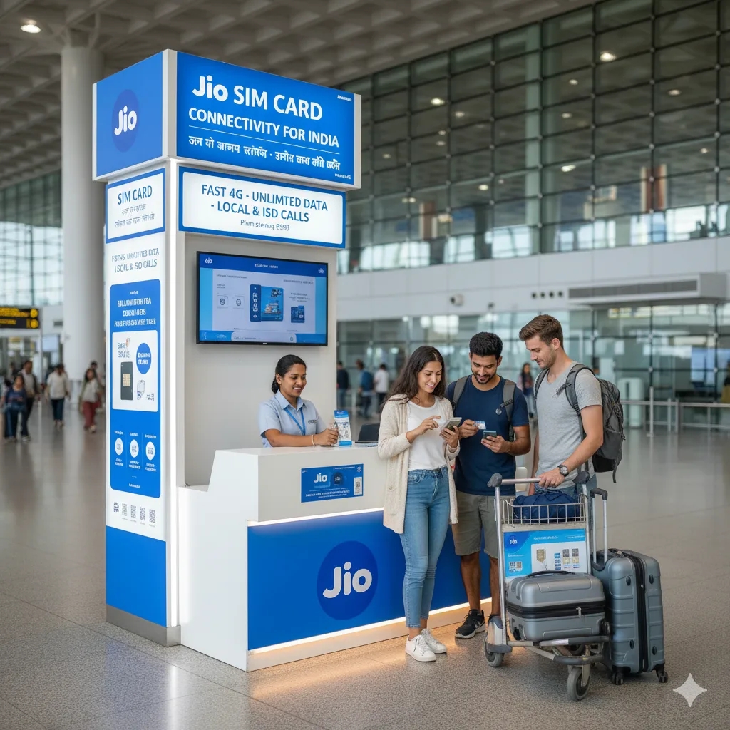 Buy Jio SIM Card at Indian Airport for Fast 4G & ISD Calls A clearly branded Jio SIM Card booth inside an Indian airport arrivals hall. A customer service agent assists two international travelers who are buying a prepaid SIM card for India, standing next to their luggage trolley.