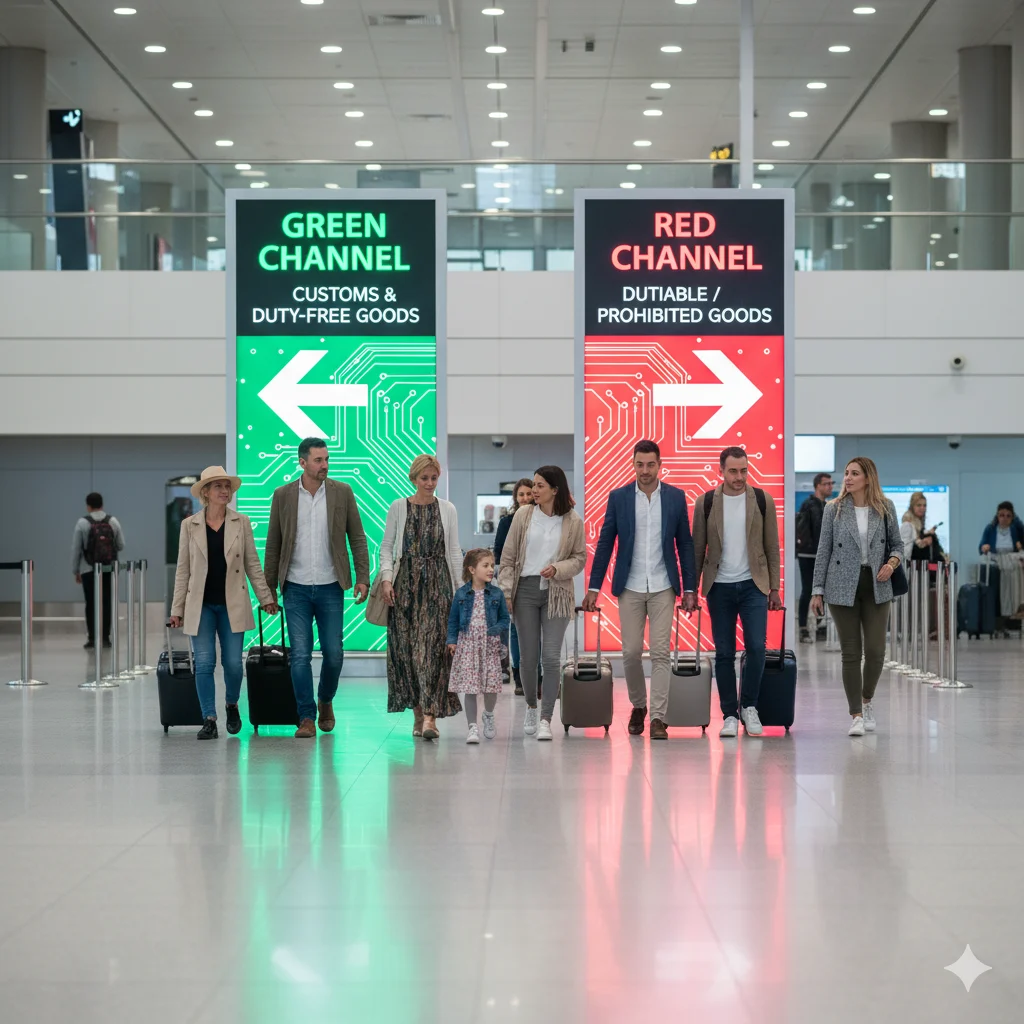 Airport Customs Guide: Green Channel (Duty-Free) vs Red Channel (Dutiable Goods) Glamorous image of mumbai Indian airport Customs area with two illuminated digital signs: GREEN CHANNEL (Duty-Free Goods) pointing left, and RED CHANNEL (Dutiable/Prohibited Goods) pointing right. Travelers with luggage are walking toward their respective lanes.