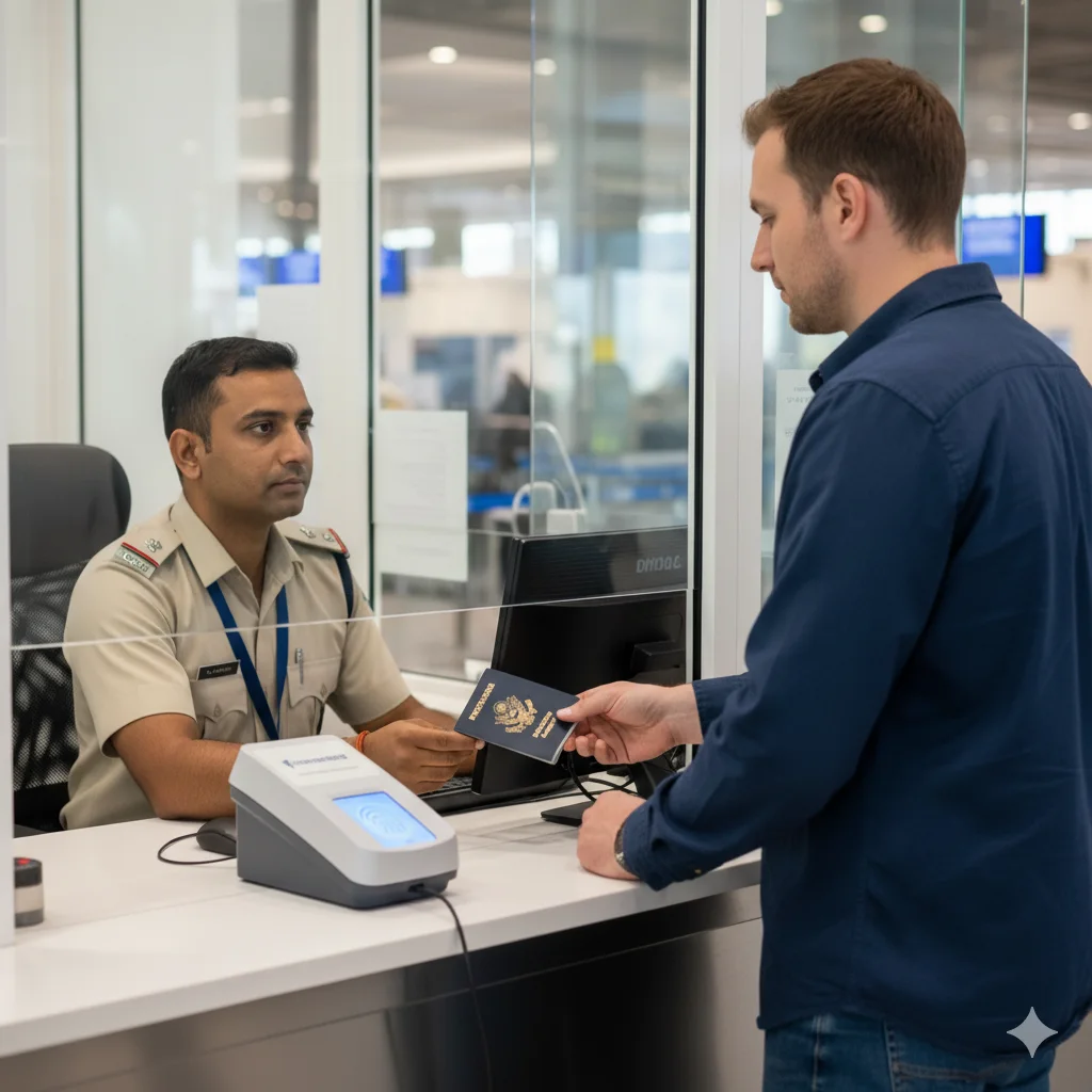 Indian Airport Immigration Process: Officer Checking Foreign Traveler Passport delhi airport Immigration Officer at his counter checking the passport of an American-looking foreign traveler. A biometric fingerprint scanner is placed on the counter, signaling a modern document verification process.